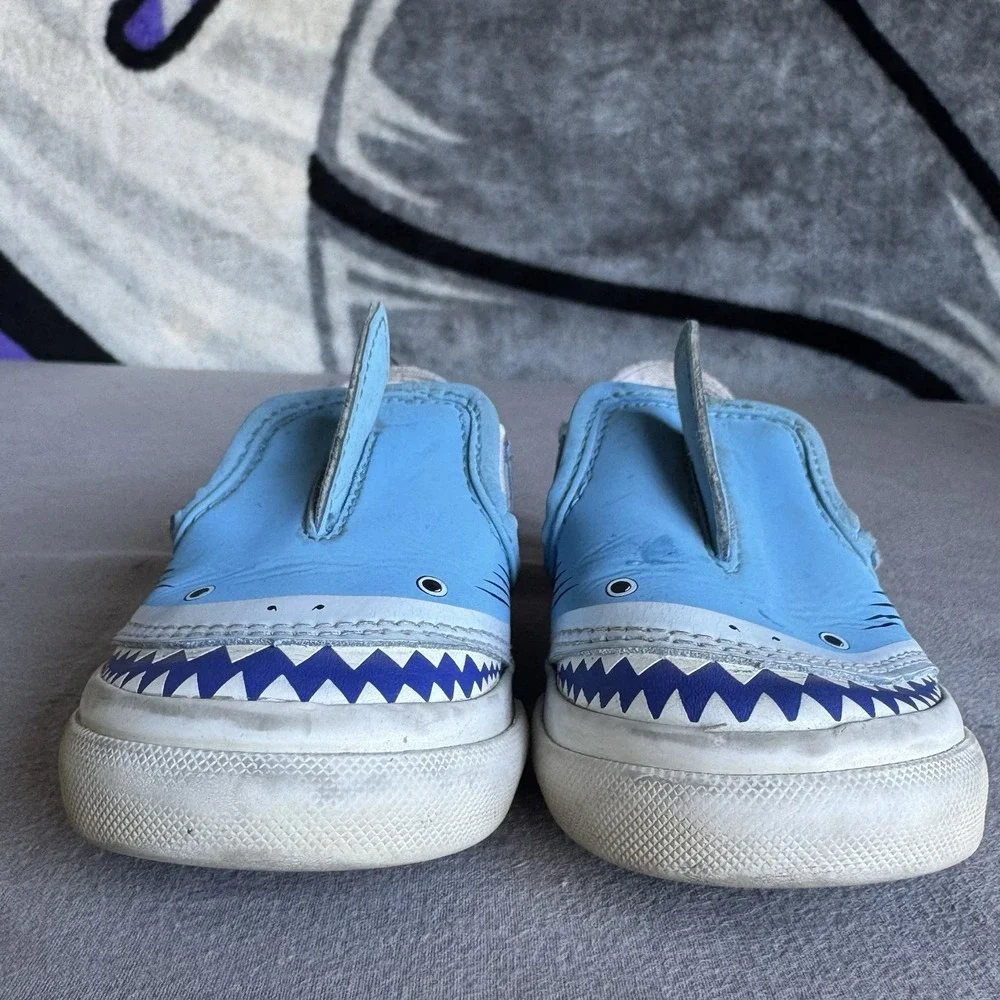 Size 7c - Vans Classic Slip-O Shoes Kids Shark‎ Blue White Sneakers Slip-On